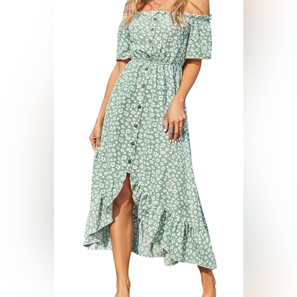 Cupshe Sage Green Floral Off-Shoulder Maxi Dress NWT SZ L